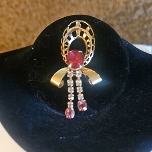 Vintage 1950s Scitarelli Gold Tone and Pink Gemstone Brooch Or Necklace